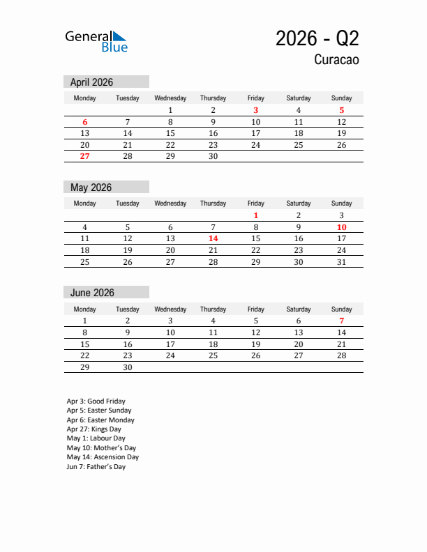 Curacao Quarter 2 2026 Calendar with Holidays