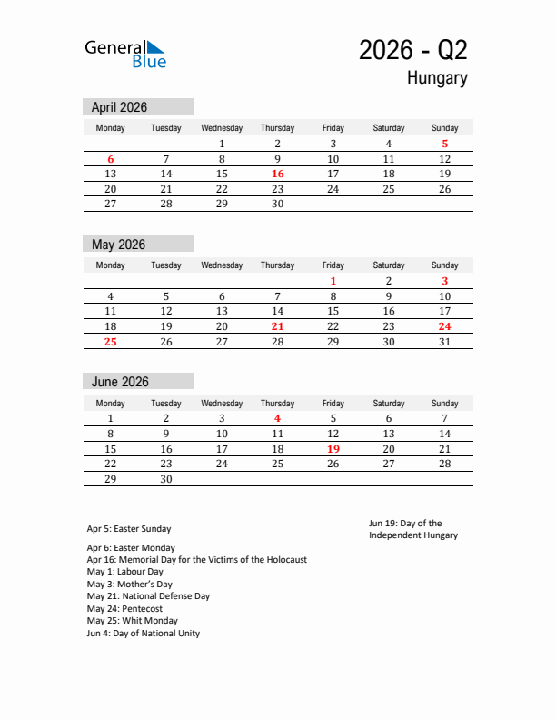 Hungary Quarter 2 2026 Calendar with Holidays