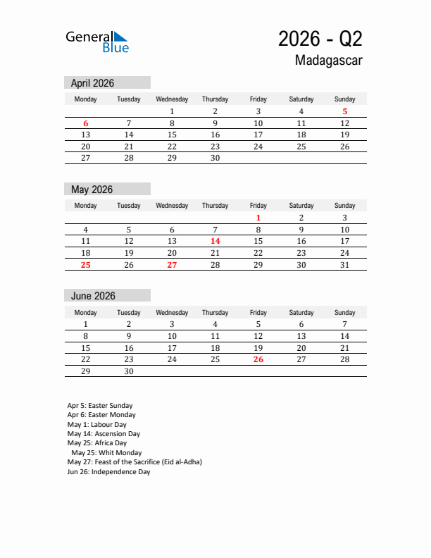 Madagascar Quarter 2 2026 Calendar with Holidays