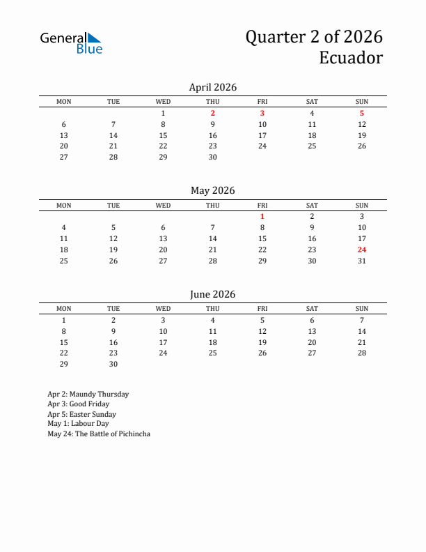 Quarter 2 2026 Ecuador Quarterly Calendar