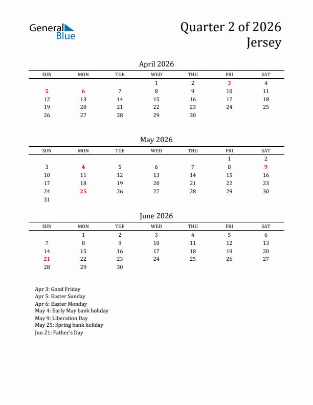 Q2 2026 Quarterly Calendar With Jersey Holidays Pdf Excel Word