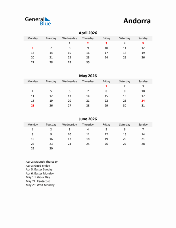 Printable Quarterly Calendar with Notes and Andorra Holidays- Q2 of 2026