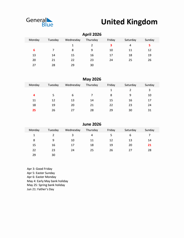 Printable Quarterly Calendar with Notes and United Kingdom Holidays- Q2 of 2026