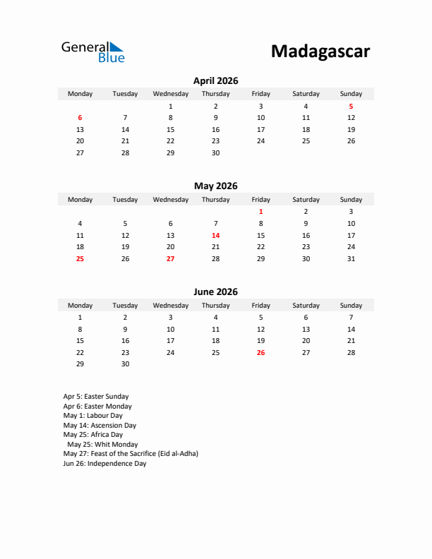 Printable Quarterly Calendar with Notes and Madagascar Holidays- Q2 of 2026