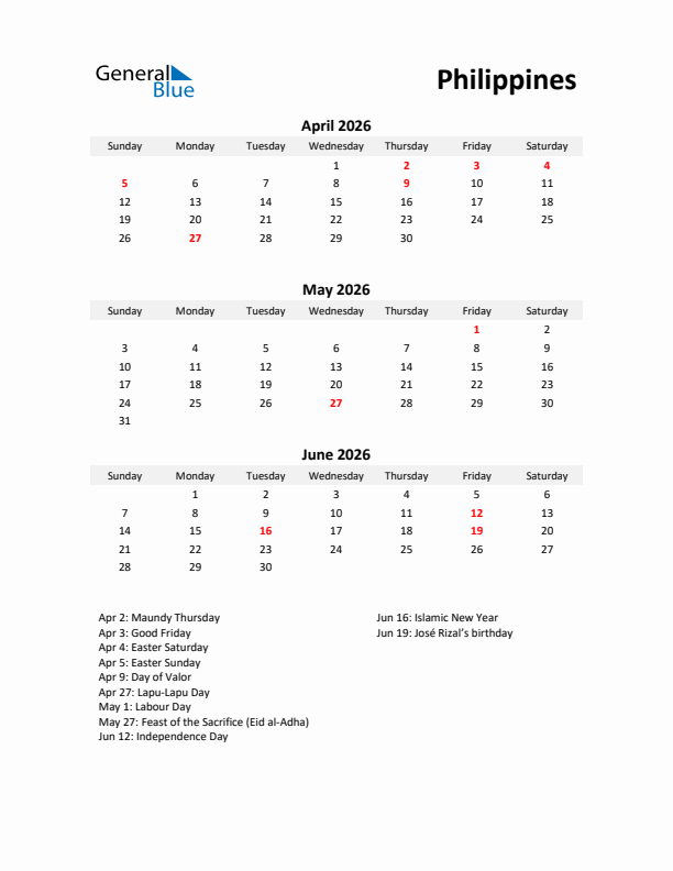 Printable Quarterly Calendar with Notes and Philippines Holidays- Q2 of 2026