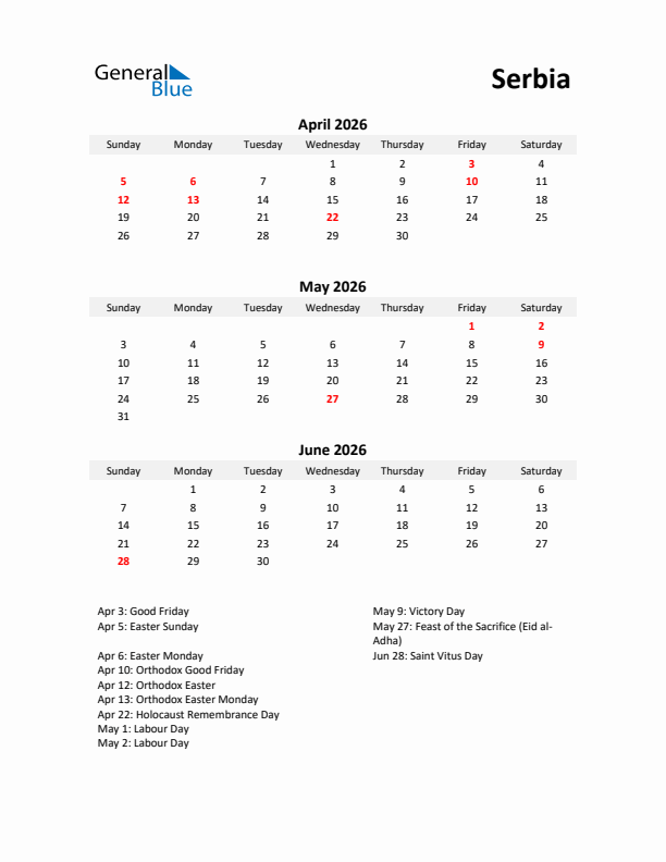 Printable Quarterly Calendar with Notes and Serbia Holidays- Q2 of 2026