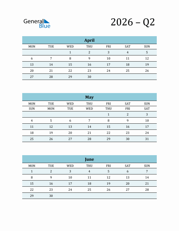 April, May, and June 2026 Calendar
