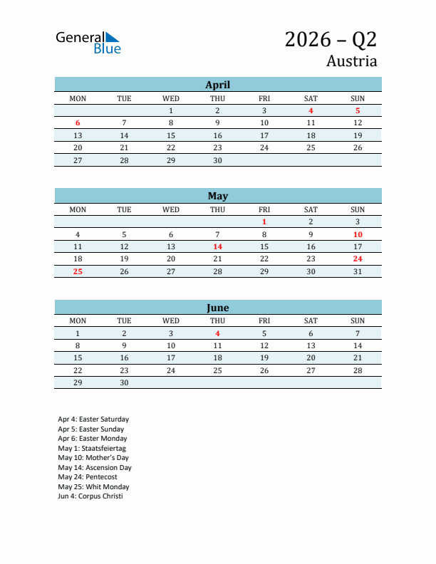 Three-Month Planner for Q2 2026 with Holidays - Austria