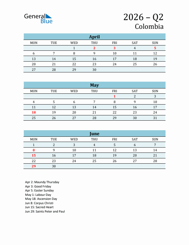 Three-Month Planner for Q2 2026 with Holidays - Colombia