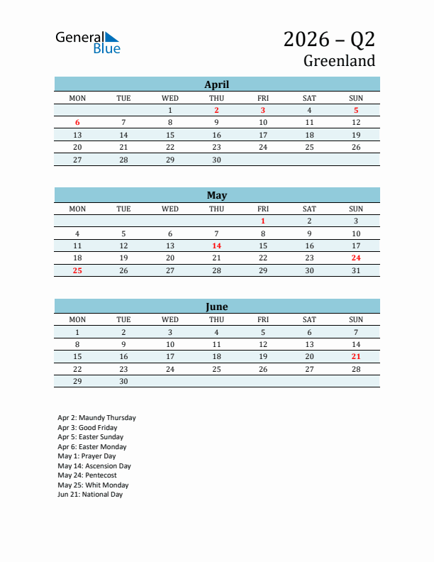 Three-Month Planner for Q2 2026 with Holidays - Greenland