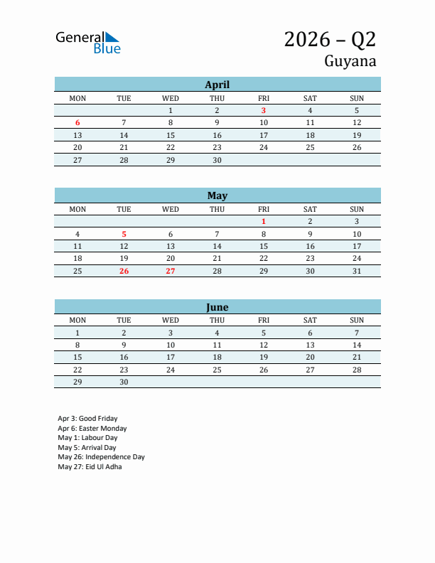 Three-Month Planner for Q2 2026 with Holidays - Guyana