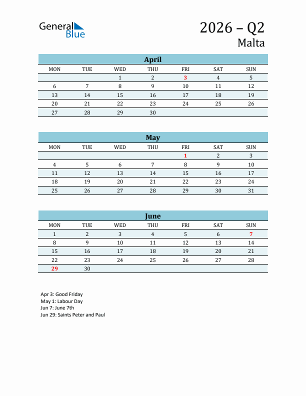Three-Month Planner for Q2 2026 with Holidays - Malta