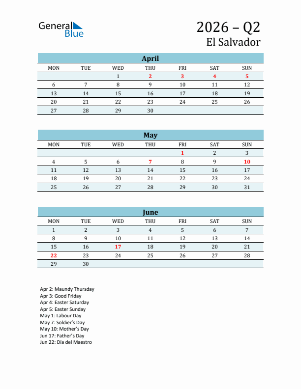 Three-Month Planner for Q2 2026 with Holidays - El Salvador