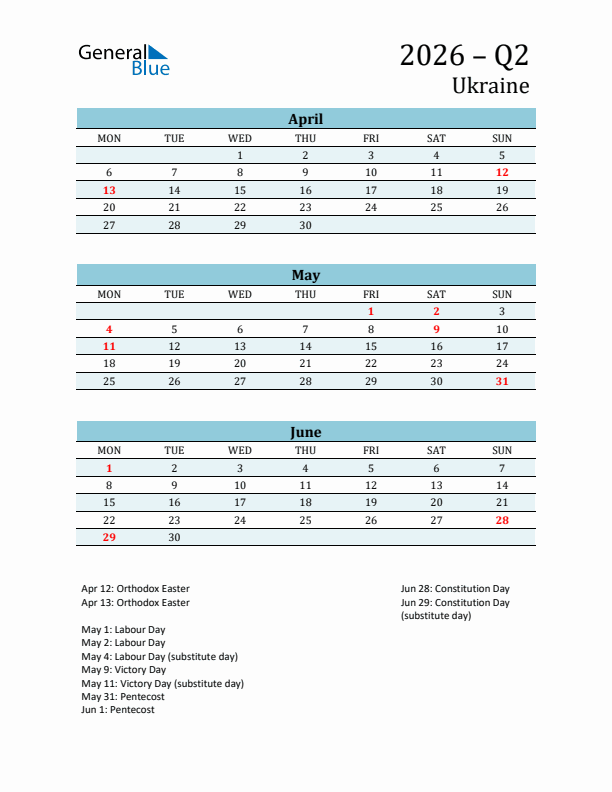 Three-Month Planner for Q2 2026 with Holidays - Ukraine