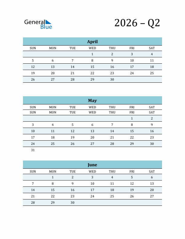 April, May, and June 2026 Calendar