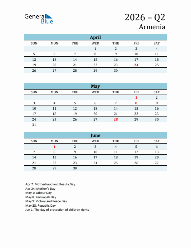 Three-Month Planner for Q2 2026 with Holidays - Armenia