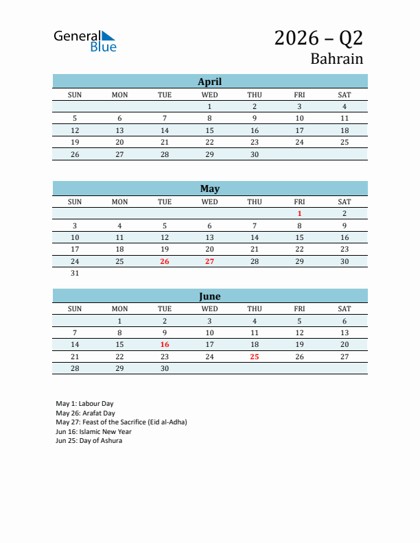 Three-Month Planner for Q2 2026 with Holidays - Bahrain