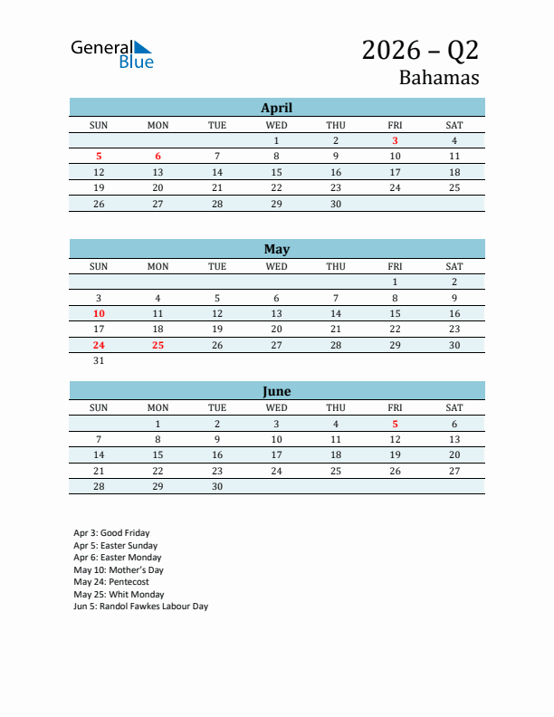 Three-Month Planner for Q2 2026 with Holidays - Bahamas