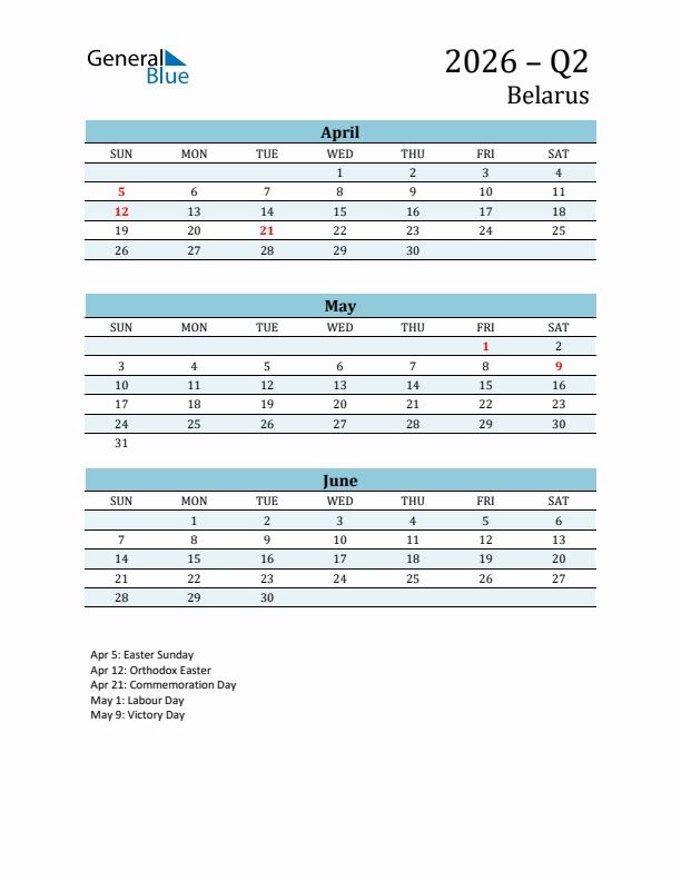 Three-Month Planner for Q2 2026 with Holidays - Belarus