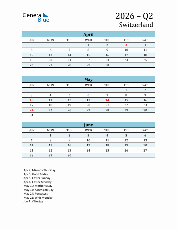 Three-Month Planner for Q2 2026 with Holidays - Switzerland