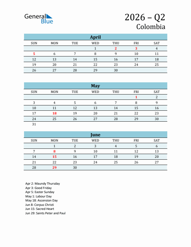 Three-Month Planner for Q2 2026 with Holidays - Colombia