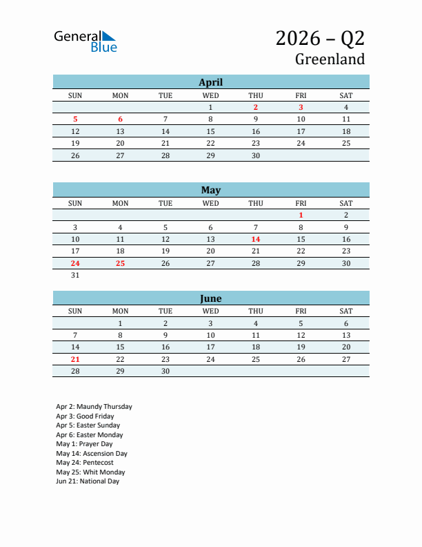 Three-Month Planner for Q2 2026 with Holidays - Greenland