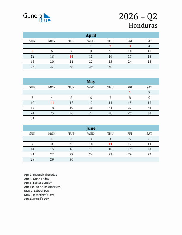 Three-Month Planner for Q2 2026 with Holidays - Honduras