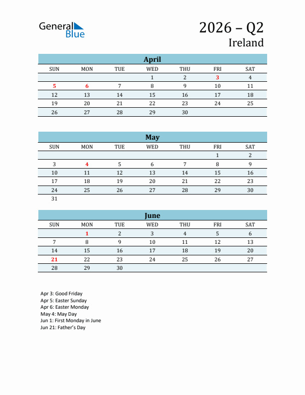 Three-Month Planner for Q2 2026 with Holidays - Ireland