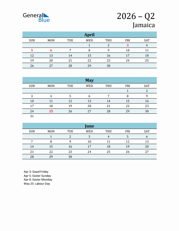 Three-Month Planner for Q2 2026 with Holidays - Jamaica