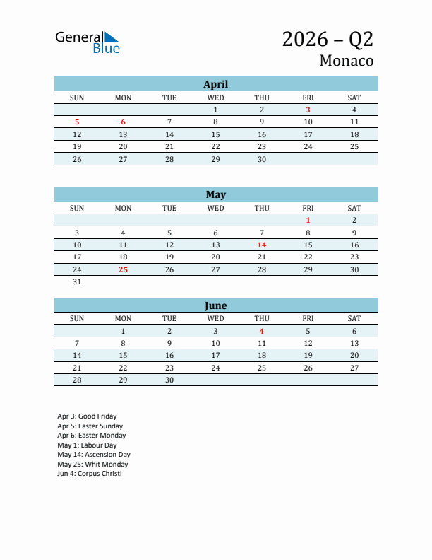 Three-Month Planner for Q2 2026 with Holidays - Monaco