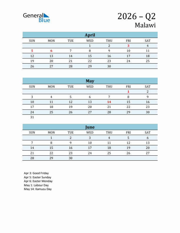 Three-Month Planner for Q2 2026 with Holidays - Malawi