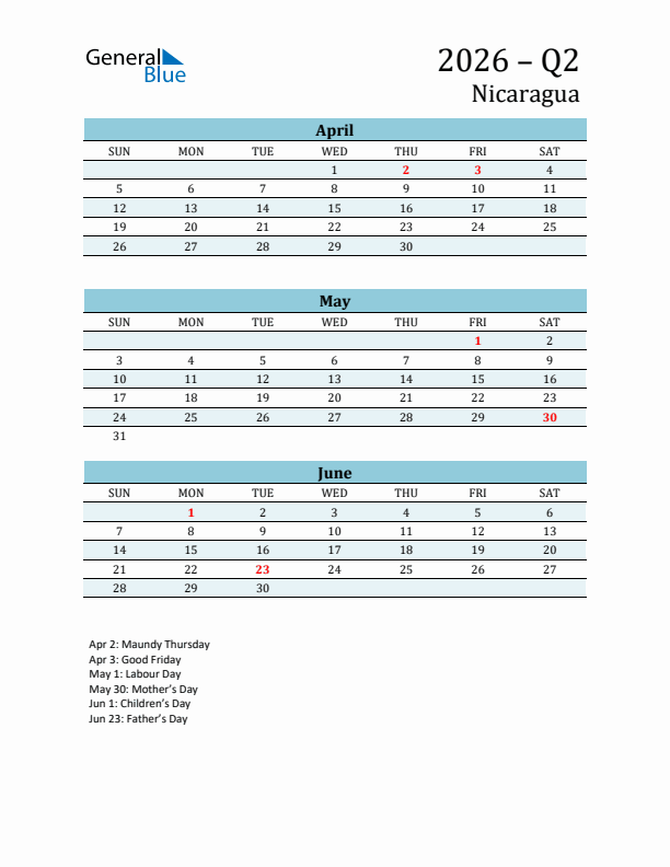 Three-Month Planner for Q2 2026 with Holidays - Nicaragua
