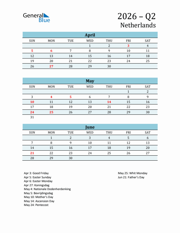 Three-Month Planner for Q2 2026 with Holidays - The Netherlands