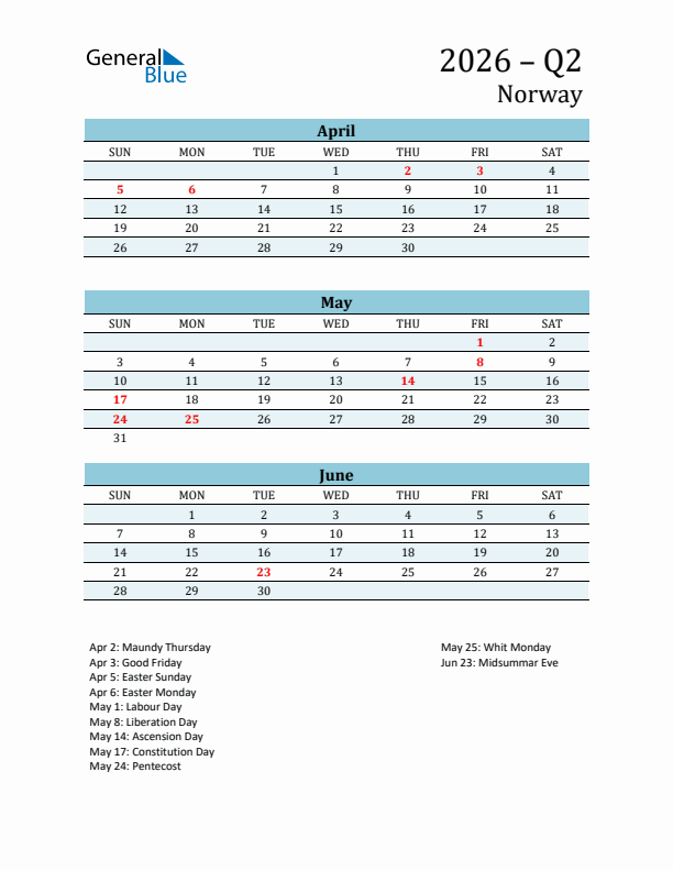 Three-Month Planner for Q2 2026 with Holidays - Norway