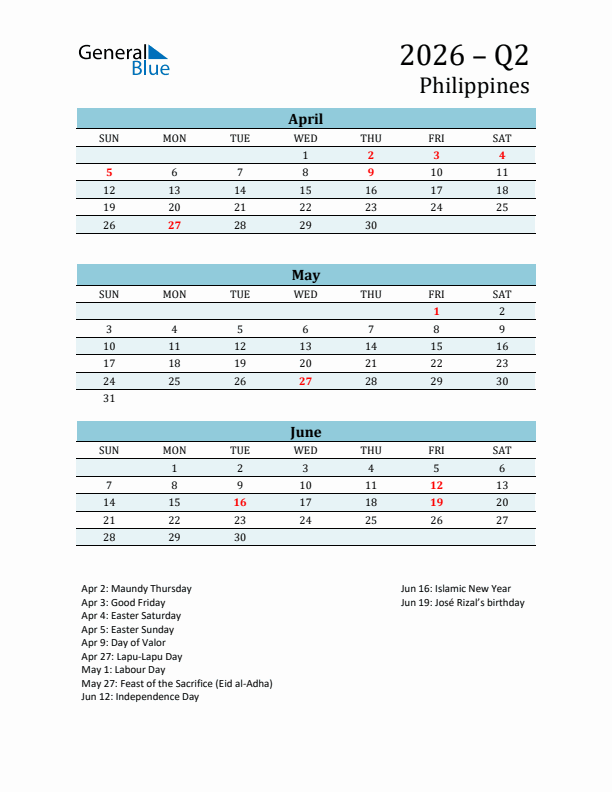 Three-Month Planner for Q2 2026 with Holidays - Philippines