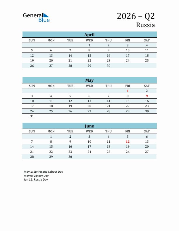 Three-Month Planner for Q2 2026 with Holidays - Russia