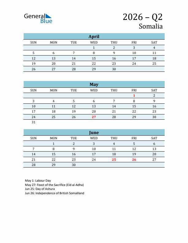 Three-Month Planner for Q2 2026 with Holidays - Somalia