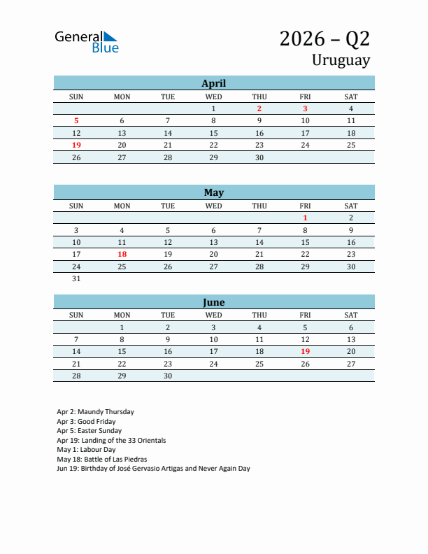 Three-Month Planner for Q2 2026 with Holidays - Uruguay
