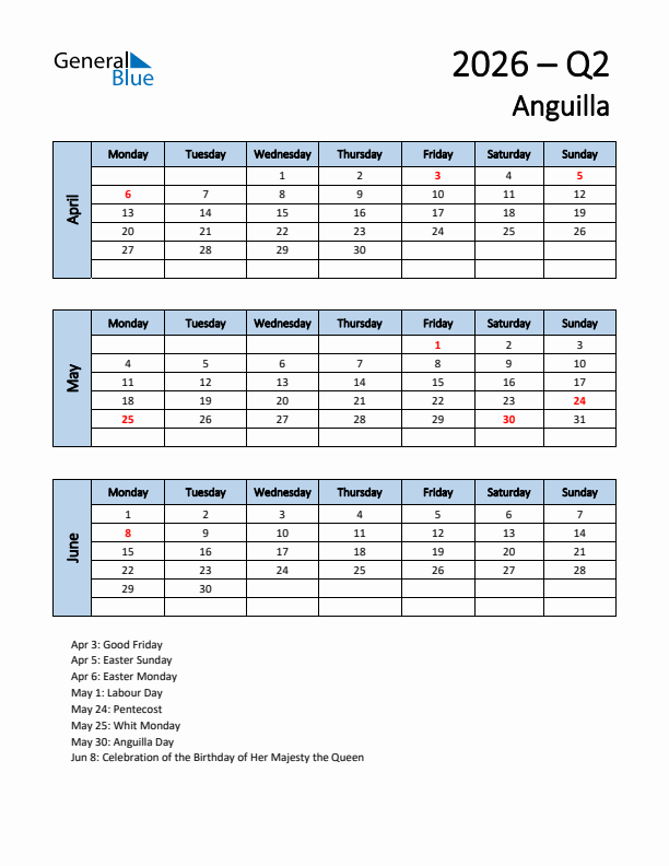 Free Q2 2026 Calendar for Anguilla - Monday Start