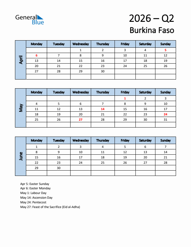 Free Q2 2026 Calendar for Burkina Faso - Monday Start