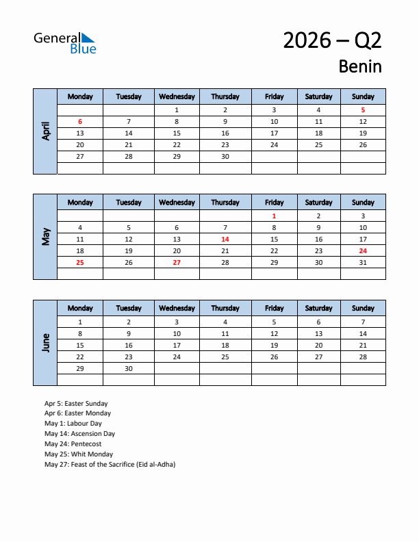 Free Q2 2026 Calendar for Benin - Monday Start