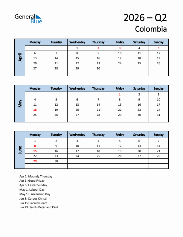 Free Q2 2026 Calendar for Colombia - Monday Start