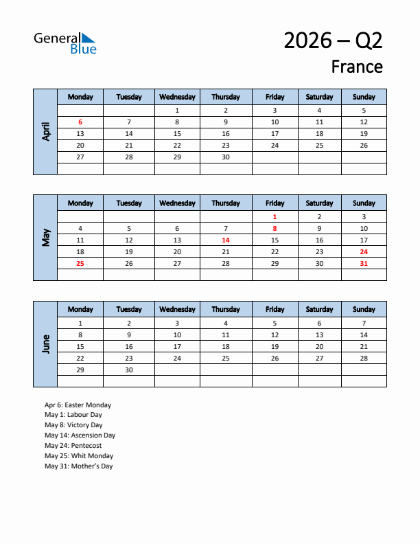 Free Q2 2026 Calendar for France - Monday Start