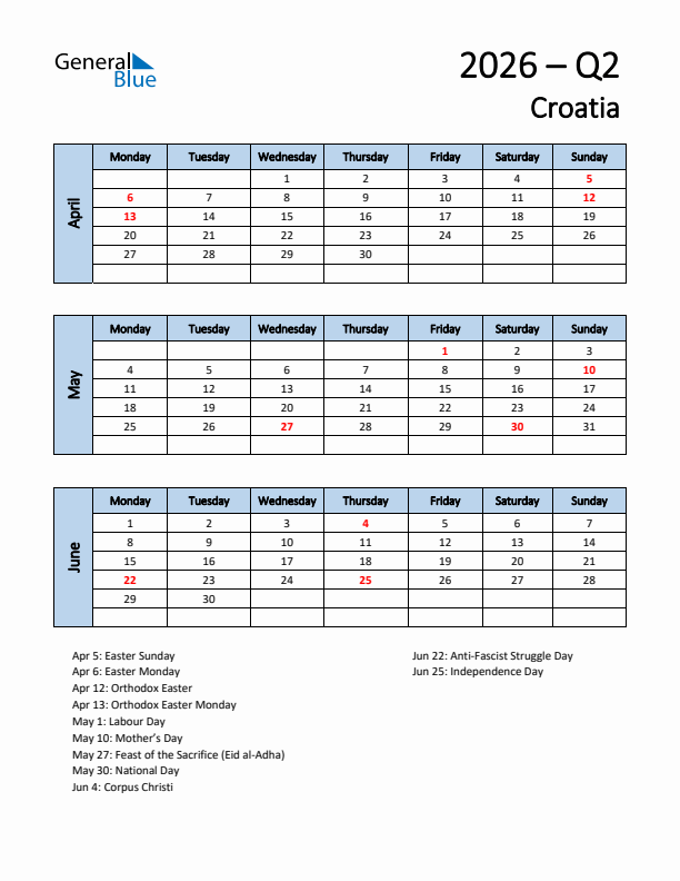 Free Q2 2026 Calendar for Croatia - Monday Start