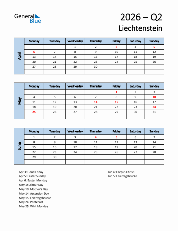 Free Q2 2026 Calendar for Liechtenstein - Monday Start