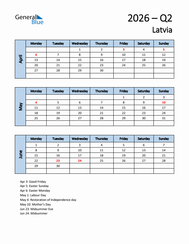 Free Q2 2026 Calendar for Latvia - Monday Start