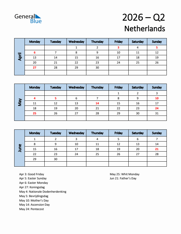 Free Q2 2026 Calendar for The Netherlands - Monday Start