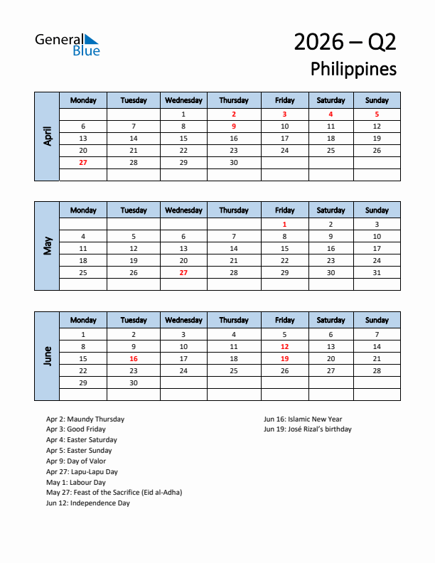 Free Q2 2026 Calendar for Philippines - Monday Start