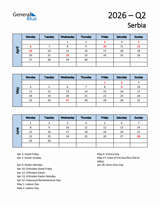 Free Q2 2026 Calendar for Serbia - Monday Start