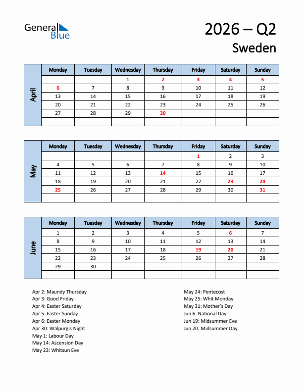 Free Q2 2026 Calendar for Sweden - Monday Start